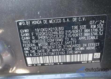2025 Honda Hr-V Awd Ex-L from USA, damaged, VIN 3CZRZ2H77SM722182